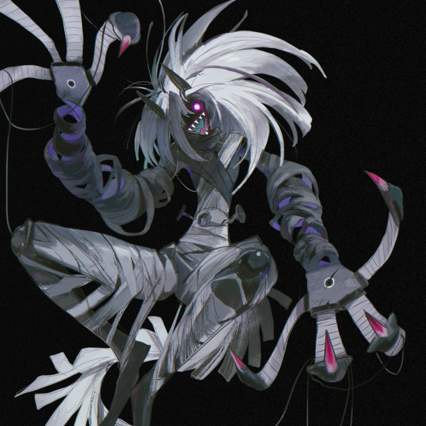 bandaid black_background claws digitigrade full_body grey_hair highres horns kamikiririp large_hands mechanical_parts nail open_mouth original sharp_teeth smile solo tail teeth white_eyes white_hair wire