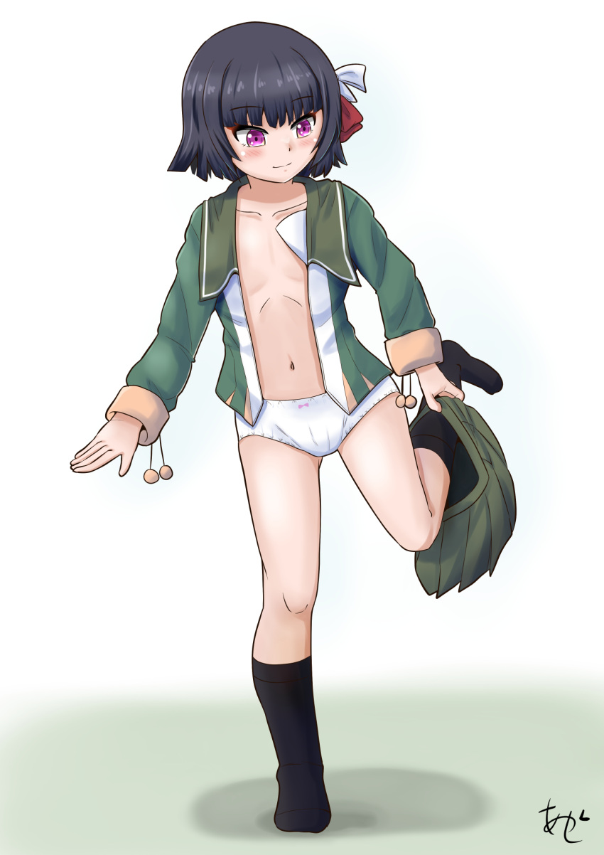 akashieru artist_logo black_hair black_socks flat_chest green_jacket green_sailor_collar green_skirt highres ishigaki_(kancolle) jacket kantai_collection long_sleeves navel one-hour_drawing_challenge panties pleated_skirt pom_pom_(clothes) purple_eyes red_ribbon ribbon sailor_collar school_uniform serafuku short_hair simple_background skirt socks underwear undressing white_background white_panties white_ribbon