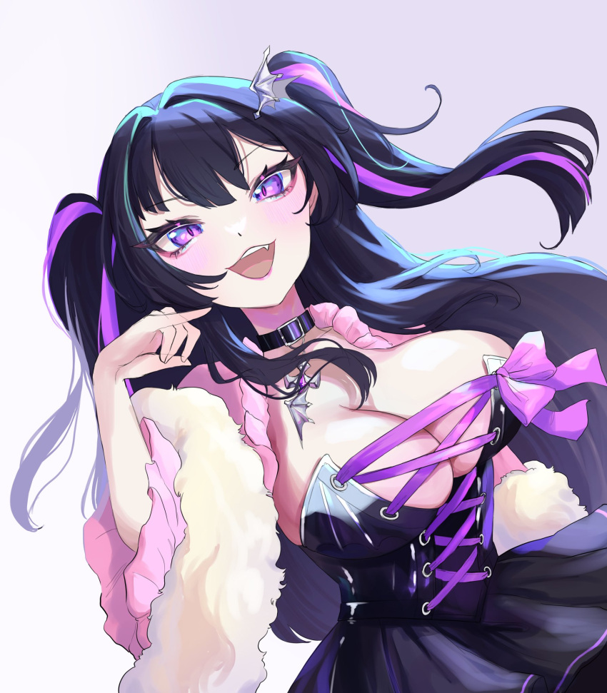 1girl akuru_(666) belt_collar black_collar black_dress black_hair bow breasts cleavage collar cross-laced_clothes cross-laced_dress dress eyelashes feather_boa highres large_breasts long_hair moon_momo multicolored_hair open_mouth purple_bow purple_eyes purple_hair second-party_source solo streaked_hair twintails virtual_youtuber vlyz wing_hair_ornament