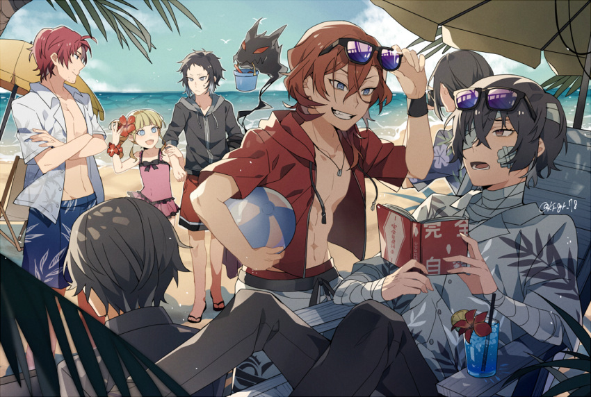 6+boys akutagawa_ryuunosuke_(bungou_stray_dogs) aviator_sunglasses ball bandage_on_face bandaged_arm bandages beach beach_umbrella beachball black_hair blue_eyes brown_hair bungou_stray_dogs cloud dazai_osamu_(bungou_stray_dogs) glass jacket kiragera multiple_boys nakahara_chuuya ocean oda_sakunosuke_(bungou_stray_dogs) open_mouth red_eyes red_jacket sand sandals shirt short_hair smile sunglasses umbrella white_shirt