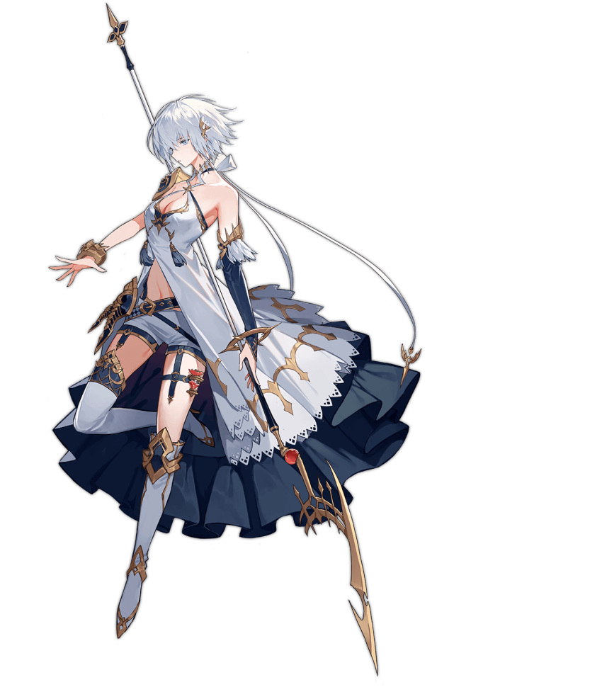 1girl ark_order asymmetrical_footwear bare_shoulders bean_sprouts_(6651003) black_gloves blue_eyes boots bow breasts bridal_gauntlets dress elbow_gloves expressionless full_body gloves gold_trim highres holding holding_sword holding_weapon knee_boots large_breasts looking_at_viewer lugh_(ark_order) mismatched_footwear official_art shorts sidelocks single_knee_boot single_thigh_boot sleeveless sleeveless_dress solo sword tachi-e thigh_boots thighhighs transparent_background weapon white_bow white_dress white_footwear white_hair white_shorts