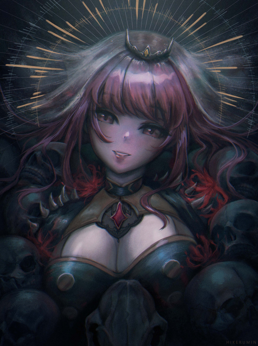 1girl absurdres black_dress black_tiara breasts cleavage commentary dress highres hikeru_(hikerumin) hololive hololive_english large_breasts long_hair looking_at_viewer mori_calliope mori_calliope_(1st_costume) pink_hair shinigami skull smile solo spikes symbol-only_commentary tiara upper_body veil virtual_youtuber