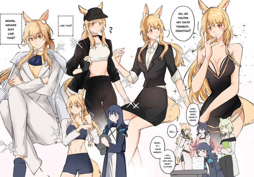 4girls absurdres alternate_costume anger_vein animal_ears arknights arya_melati blaze_(arknights) breasts cat_ears cat_girl chair cleavage crossed_arms doctor_(arknights) dreaming english_text female_doctor_(arknights) highres horse_ears horse_girl horse_tail kal'tsit_(arknights) multiple_girls nearl_(arknights) nearl_the_radiant_knight_(arknights) paper_stack sleeping speech_bubble table tail