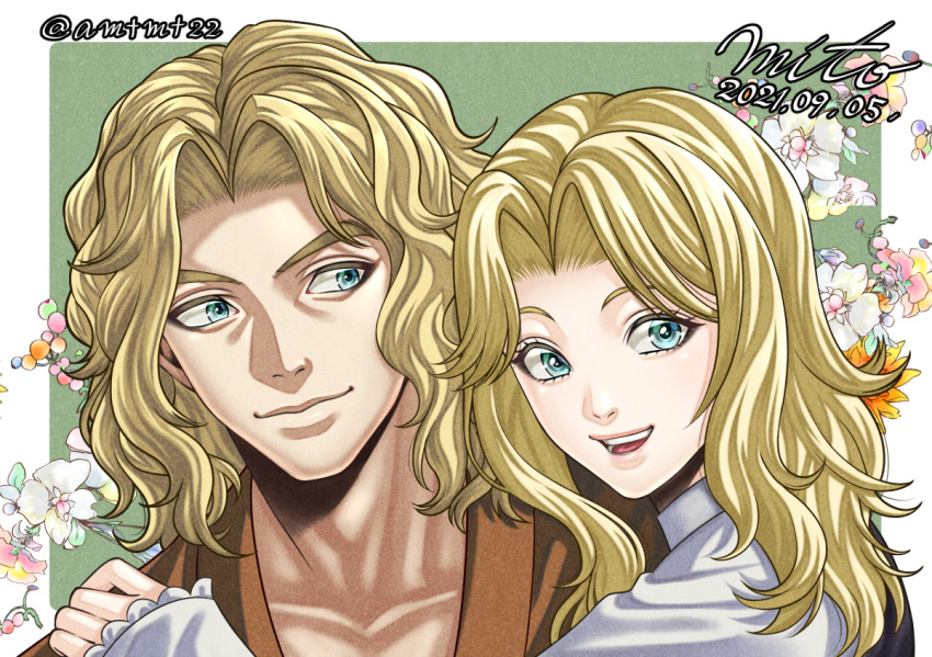 1boy 1girl blonde_hair blue_eyes brother_and_sister dated elena_robinson floral_background kengan_(series) kengan_ashura kengan_omega mito_amatsu mokichi_robinson open_mouth siblings signature sleeves_past_wrists smile twitter_username