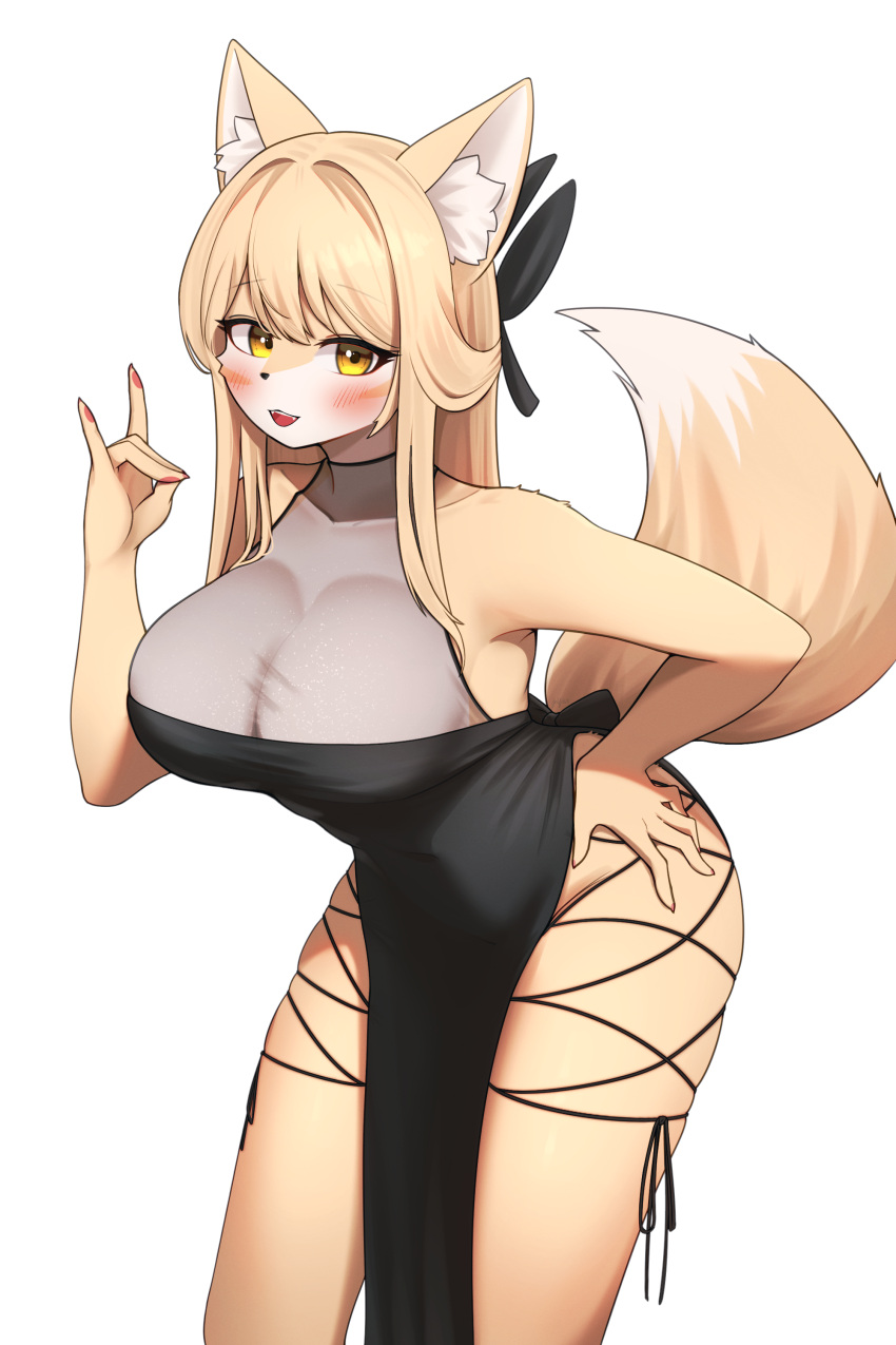 absurdres animal_ears black_dress blonde_hair breasts dress fox_ears fox_girl fox_tail furry furry_female hair_ornament highres jeifier_(character) jeifier_(korfiorano01) large_breasts long_hair open_mouth original tail yellow_eyes yellow_fur yellow_tail