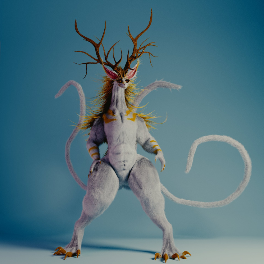 3_tails 3d_(artwork) abs alien anthro antlers big_butt big_ears big_horn blonde_hair blue_background butt claws colored_claws curvy_figure digital_media_(artwork) failsafe272 female fur hair hand_on_hip hi_res horn kivouackian large_female large_legs long_neck markings multi_tail muscular muscular_female reindeer_antlers shadow simple_background solo stripes tail thick_thighs voluptuous voluptuous_anthro voluptuous_female white_body white_fur winifred_(fennah) yellow_stripes