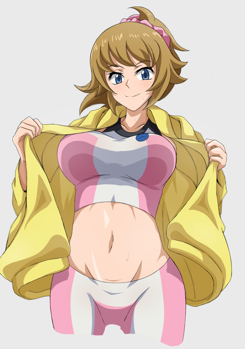 1girl bike_shorts blue_eyes blush breasts brown_hair clothes_lift gundam gundam_build_fighters gundam_build_fighters_try highres hoshino_fumina jacket large_breasts looking_at_viewer open_clothes ponytail safety_kaijo smile solo sports_bra sports_bra_lift two-tone_sports_bra