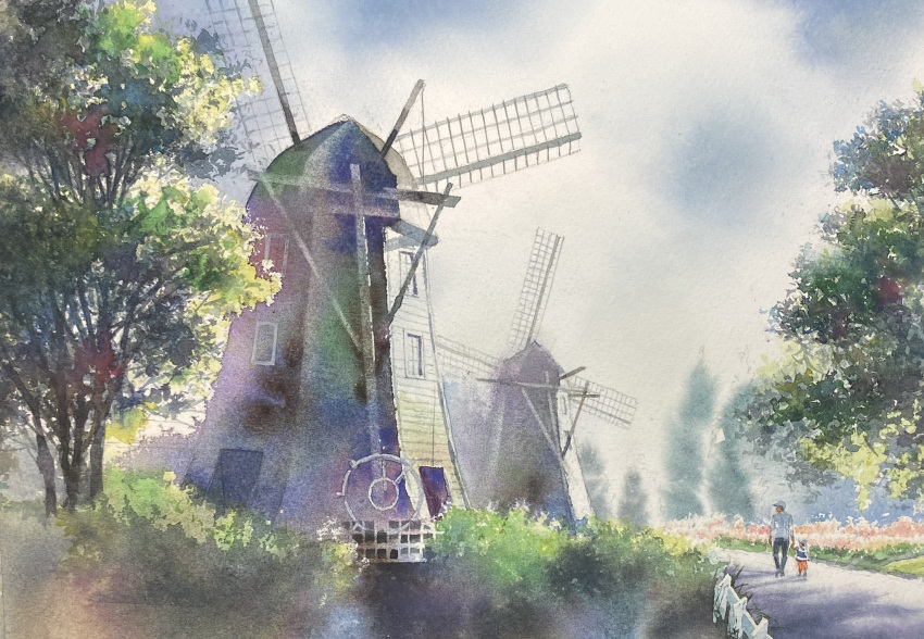 2boys blue_sky bush cloud cloudy_sky field flower flower_field highres holding_hands huis_ten_bosch multiple_boys no_humans original painting_(medium) park path pine_tree plant scenery sky traditional_media tree watercolor_(medium) windmill yu_grassbird