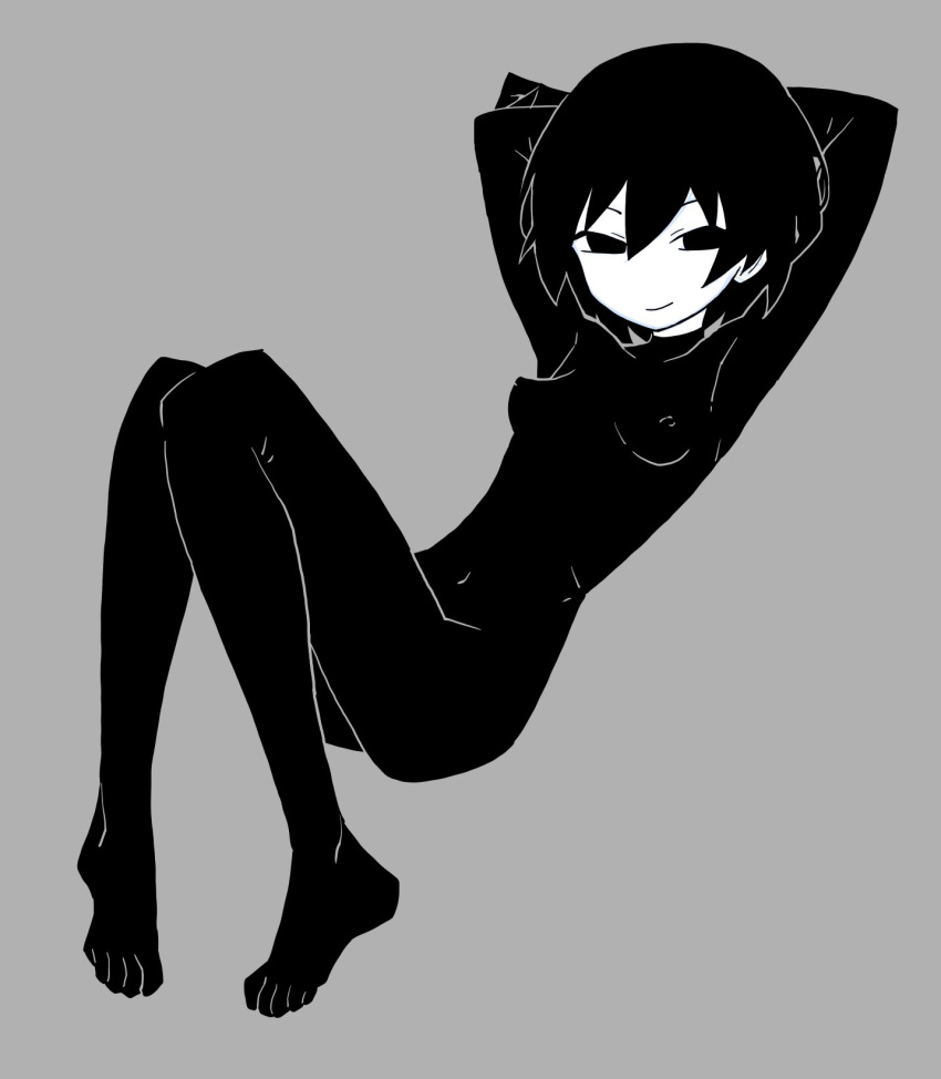 1girl akableak arms_behind_back arms_behind_head arms_up black_bodysuit black_eyes black_hair bob_cut bodysuit breasts closed_mouth commentary covered_navel covered_nipples empty_eyes english_commentary from_side full_body grey_background greyscale hair_between_eyes highres knees_together_feet_apart knees_up leaning_back light_smile looking_at_viewer looking_to_the_side lounging monochrome monogatari_(series) narrowed_eyes oshino_shinobu outline perky_breasts pigeon-toed short_hair simple_background skin_tight small_breasts smile smug solo toes undersuit variant_set white_outline