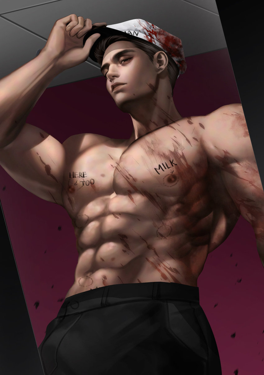 1boy abs absurdres bara black_hair black_pants blood blood_on_clothes closed_mouth francis_mosses hat highres indoors large_pectorals looking_at_viewer male_focus muscular muscular_male navel nipples pants pectorals short_hair solo that's_not_my_neighbor topless_male vanlious
