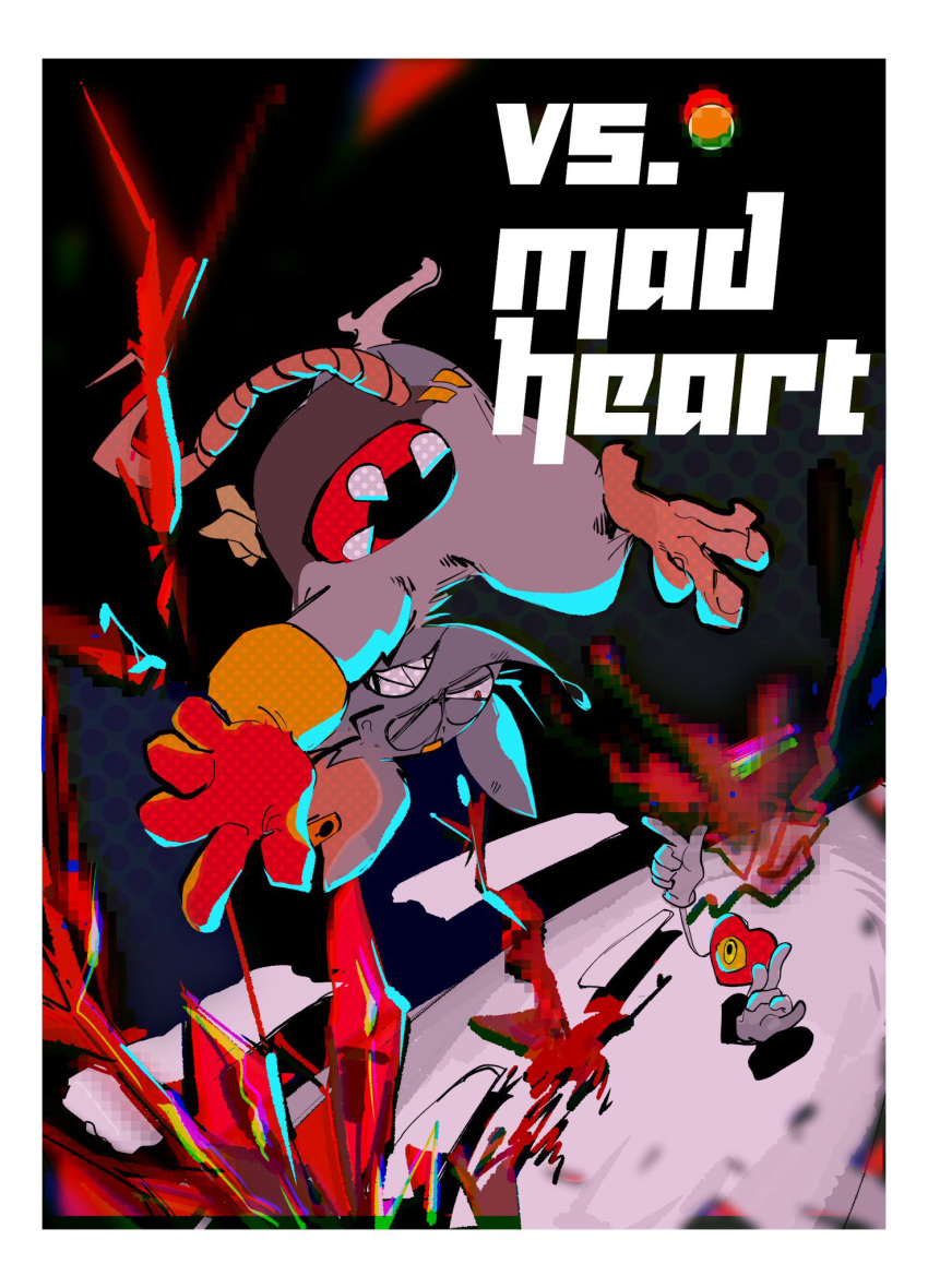 2boys animal_ears battle black_eyes blood border chromatic_aberration clenched_teeth colored_sclera commentary_request ear_tag english_text fangs gloves heart heart_(mad_rat_dead) highres hole_in_chest hole_on_body index_finger_raised mad_rat_(mad_rat_dead) mad_rat_dead midair mochako_(girugarudo8) mouse mouse_ears mouse_tail multiple_boys one-eyed one_eye_closed orange_gloves pixelated red_eyes simple_background stitches sweat tail teeth white_border white_gloves yellow_sclera