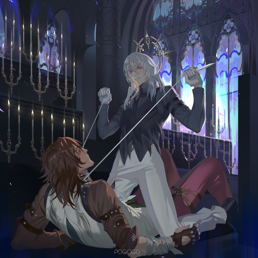 2boys absurdres black_shirt brown_hair candle candlelight church collared_shirt dagger fingerless_gloves gallagher_(honkai:_star_rail) gloves grey_hair hair_between_eyes halo head_wings highres holding holding_dagger holding_knife holding_weapon honkai:_star_rail honkai_(series) indoors knife looking_at_another male_focus medium_hair multiple_boys pogogu shirt short_hair strangling sunday_(honkai:_star_rail) weapon white_gloves wings yaoi