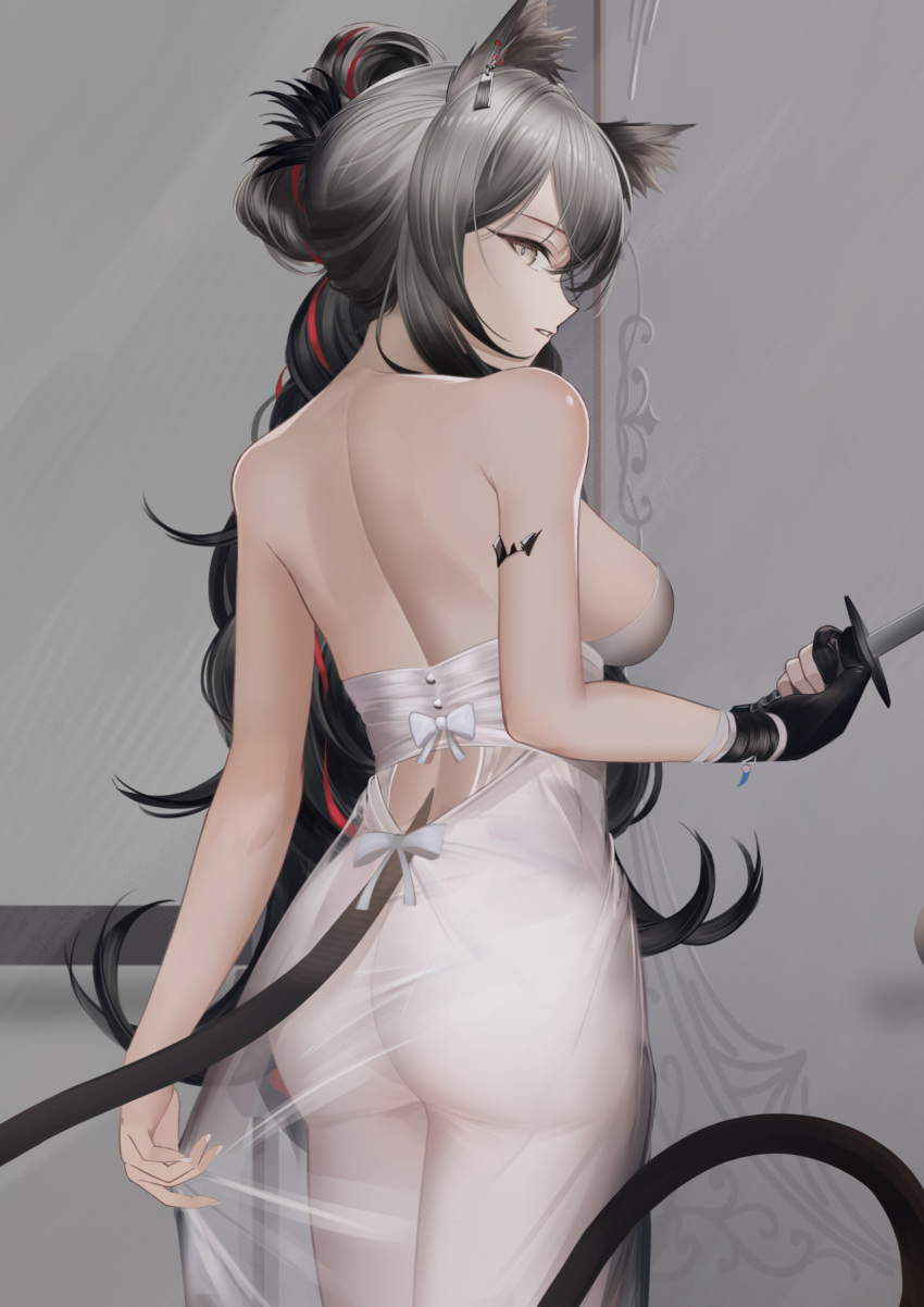 1girl absurdres alternate_hairstyle animal_ears arknights ass backless_dress backless_outfit cat_ears cat_tail dress from_behind gloves grey_hair highres holding holding_knife knife long_hair looking_at_viewer looking_back material_growth oripathy_lesion_(arknights) pantyhose partially_fingerless_gloves schwarz_(arknights) see-through see-through_skirt single_glove skirt skirt_tug tail tenmu_miyabi white_dress white_pantyhose yellow_eyes