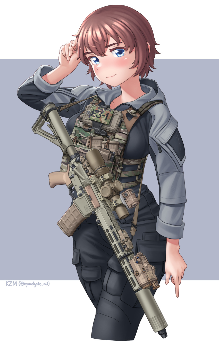 1girl absurdres ar-15 artist_name black_jacket black_pants blue_eyes blush brown_hair cargo_pants closed_mouth cowboy_shot cropped_legs grey_jacket gun gun_sling hand_in_own_hair harness highres jacket kzm_(sub-moa_works) load_bearing_vest long_sleeves looking_at_viewer magazine_(weapon) multicolored_clothes multicolored_jacket original pants red_hair rifle scope short_hair signature simple_background smile solo standing twitter_username two-tone_jacket weapon