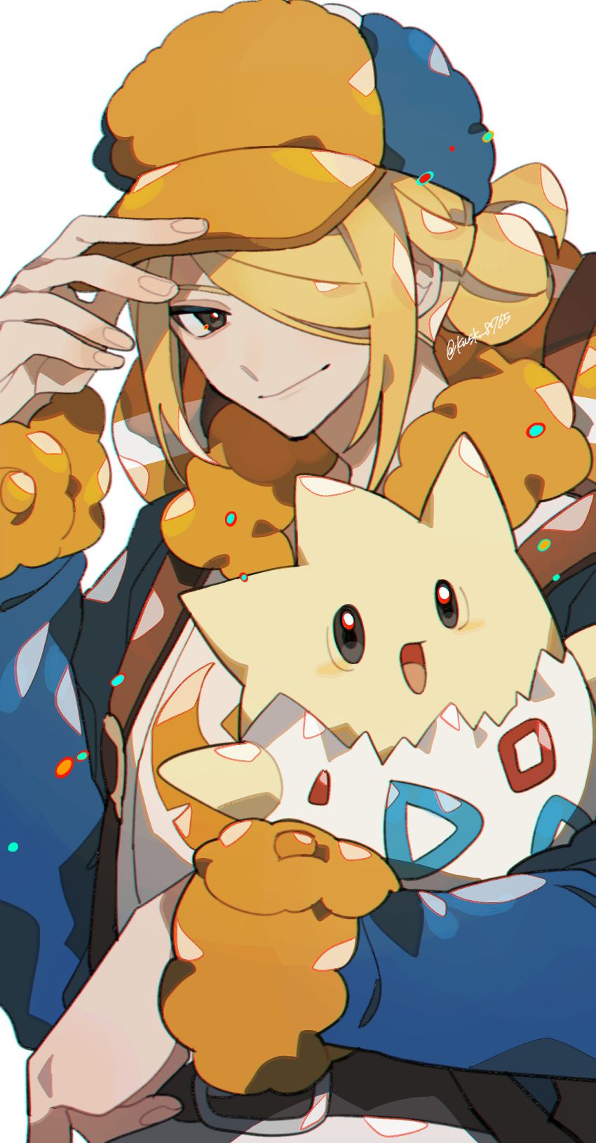 1boy baseball_cap blonde_hair blue_hat blue_jumpsuit closed_mouth commentary_request fur-trimmed_jumpsuit fur_trim ginkgo_guild_uniform grey_eyes hair_bun hair_over_one_eye hand_on_headwear hat highres holding holding_pokemon jumpsuit kawasaki_(kwsk_8765) long_sleeves looking_at_viewer male_focus medium_hair pokemon pokemon_(creature) pokemon_legends:_arceus pokemon_masters_ex simple_background smile solo togepi twitter_username two-tone_headwear upper_body volo_(pokemon) white_background yellow_hat