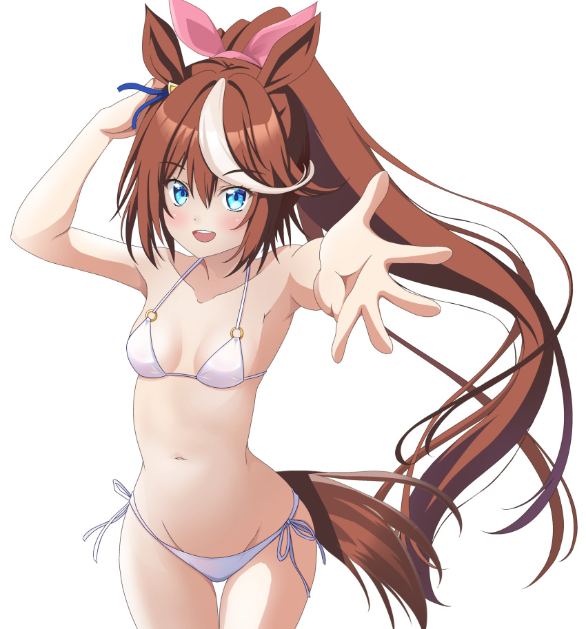 1girl aki_(kagamitotukasakonata) animal_ears bikini blue_eyes breasts brown_hair ear_ribbon foreshortening high_ponytail highres horse_ears horse_girl horse_tail long_hair multicolored_hair o-ring o-ring_bikini o-ring_top ponytail side-tie_bikini_bottom simple_background small_breasts smile solo streaked_hair swimsuit tail tokai_teio_(umamusume) umamusume very_long_hair white_background white_bikini white_hair