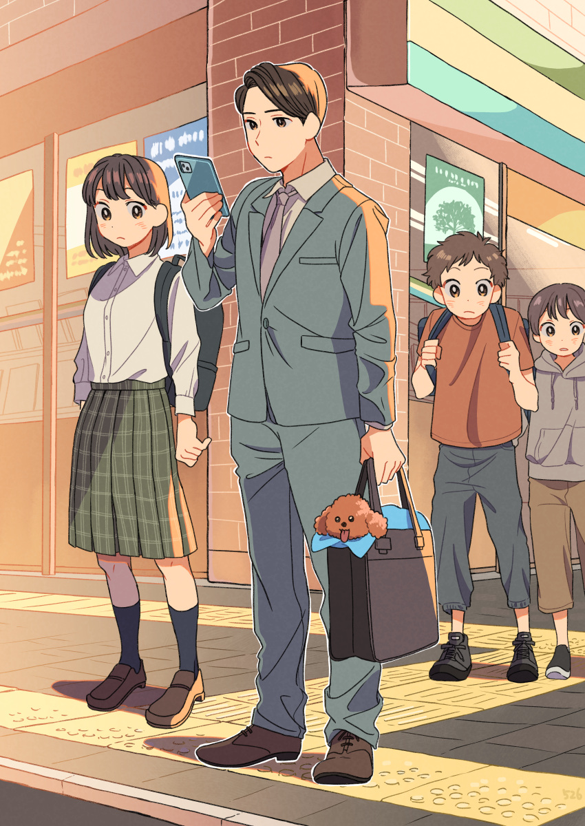 1girl 3boys absurdres backpack bag black_socks blue_pants blue_suit blush brown_eyes brown_hair brown_pants checkered_clothes checkered_skirt closed_mouth collared_shirt commentary curious dog dusk green_skirt grey_hoodie grey_necktie highres holding holding_bag holding_phone hood hoodie kojiro337 looking_at_animal looking_at_phone mary_janes multiple_boys necktie original outdoors pants parted_lips pavement phone pleated_skirt school_bag shirt shoes short_hair skirt socks standing suit t-shirt white_shirt