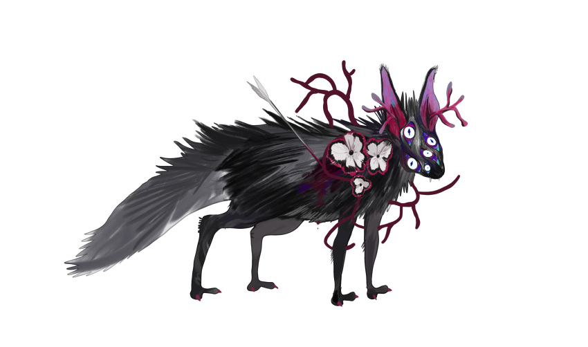 absurdres animal animal_ears animal_feet animal_focus arrow_(projectile) arrow_in_body blood colored_sclera fangs flower grey_tail highres injury kamikiririp monster no_humans original red_sclera solo tail white_background white_eyes