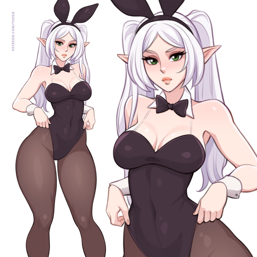 1:1 2024 black_clothing black_leotard bow_tie breasts bunny_costume clothing costume elf eyebrows eyelashes fake_ears fake_rabbit_ears female frieren frieren_beyond_journey's_end glistening glistening_body glistening_skin green_eyes hair hi_res humanoid humanoid_pointy_ears legwear leotard long_hair looking_at_viewer not_furry pantyhose shirt_collar shirt_cuffs solo toksie twintails_(hairstyle) white_hair