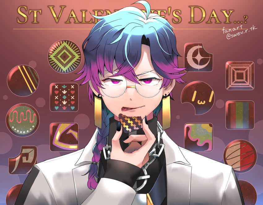 1boy beatmania_iidx black_nails black_shirt blue_hair braid braided_ponytail brown_background chain_necklace chocolate coat commentary_request dr._phi eating fingernails food food_bite glasses gradient_hair hair_between_eyes hair_over_shoulder half-closed_eyes highres holding holding_food jewelry lab_coat long_bangs long_hair long_sleeves looking_at_viewer male_focus mitarashi_tsukune multicolored_hair necklace open_mouth parted_bangs pink_eyes pink_hair rimless_eyewear round_eyewear shirt single_braid solo tongue tongue_out twitter_username upper_body v-shaped_eyebrows white_coat