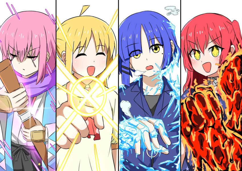 +_+ 4girls ^_^ ahoge blonde_hair blue_hair blue_jacket blush bocchi_the_rock! bokken borsalino_(kizaru) breath clenched_hand closed_eyes column_lineup glint gotoh_hitori hand_guard haori highres ice ijichi_nijika issho_(fujitora) jacket japanese_clothes kita_ikuyo kuzan_(aokiji) laser lava looking_at_viewer mole mole_under_eye multiple_girls one_piece parody pink_hair pointing purple_scarf red_hair reverse_grip sakazuki_(akainu) scarf sheath shimaryu703 simple_background smile sword unsheathing weapon white_background wooden_sword yamada_ryo