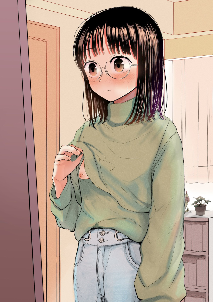 1girl averting_eyes black_hair blush breast_cutout breasts buttons closed_mouth denim doorway embarrassed glasses green_shirt highres indoors jeans lifted_by_self long_sleeves medium_hair nipples one_breast_out original pants sainaaaaa_be shirt small_breasts solo sweatdrop