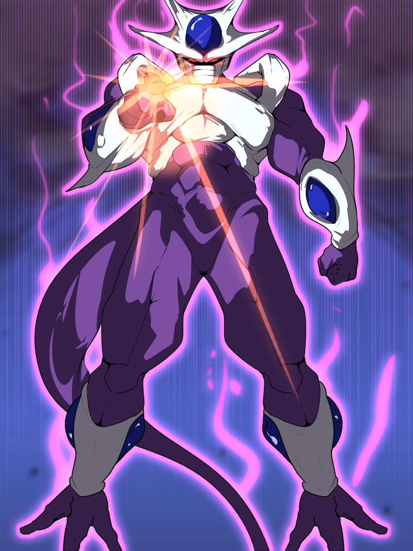 1boy armor aura black_sclera clenched_hand colored_sclera colored_skin cooler_(dragon_ball) dragon_ball dragon_ball_z energy full_body highres incoming_attack multicolored_skin pointing pointing_at_viewer purple_skin purple_tail red_eyes waia_wai white_armor white_skin