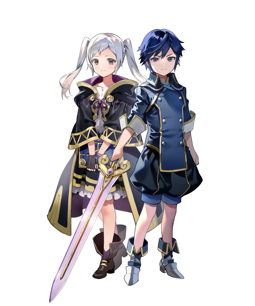 1boy 1girl aged_down black_coat black_gloves blue_eyes blue_hair braid chrom_(child)_(fire_emblem) chrom_(fire_emblem) coat fingerless_gloves fire_emblem fire_emblem_awakening fire_emblem_heroes frown gloves grey_eyes highres holding holding_sword holding_weapon looking_at_viewer non-web_source robin_(female)_(child)_(fire_emblem) robin_(female)_(fire_emblem) robin_(fire_emblem) smile sword tachi-e twintails v-shaped_eyebrows weapon white_hair