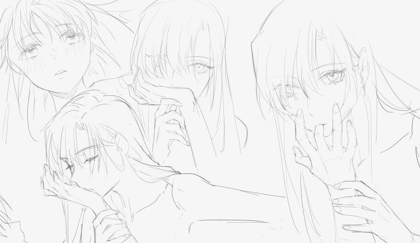 2girls blush commentary english_commentary food_in_mouth greyscale hand_on_another's_wrist highres kaleido_star kiss kissing_hand layla_hamilton long_hair looking_at_viewer monochrome multiple_girls naegino_sora nude parted_lips rekari_(rekari628) yuri