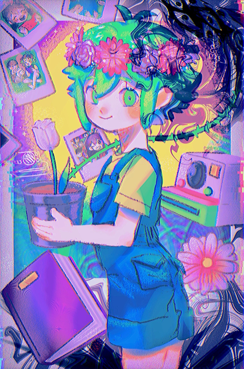 1boy aubrey_(headspace)_(omori) aubrey_(omori) basil_(headspace)_(omori) basil_(omori) blue_overalls blush camera closed_mouth flower_pot green_eyes green_hair green_shirt head_wreath highres holding holding_flower_pot kel_(headspace)_(omori) kel_(omori) looking_at_viewer mari_(headspace)_(omori) mari_(omori) omori omori_(omori) overalls ow12714 photo_(object) plant potted_plant shirt short_hair short_sleeves smile solo something_(omori) vines