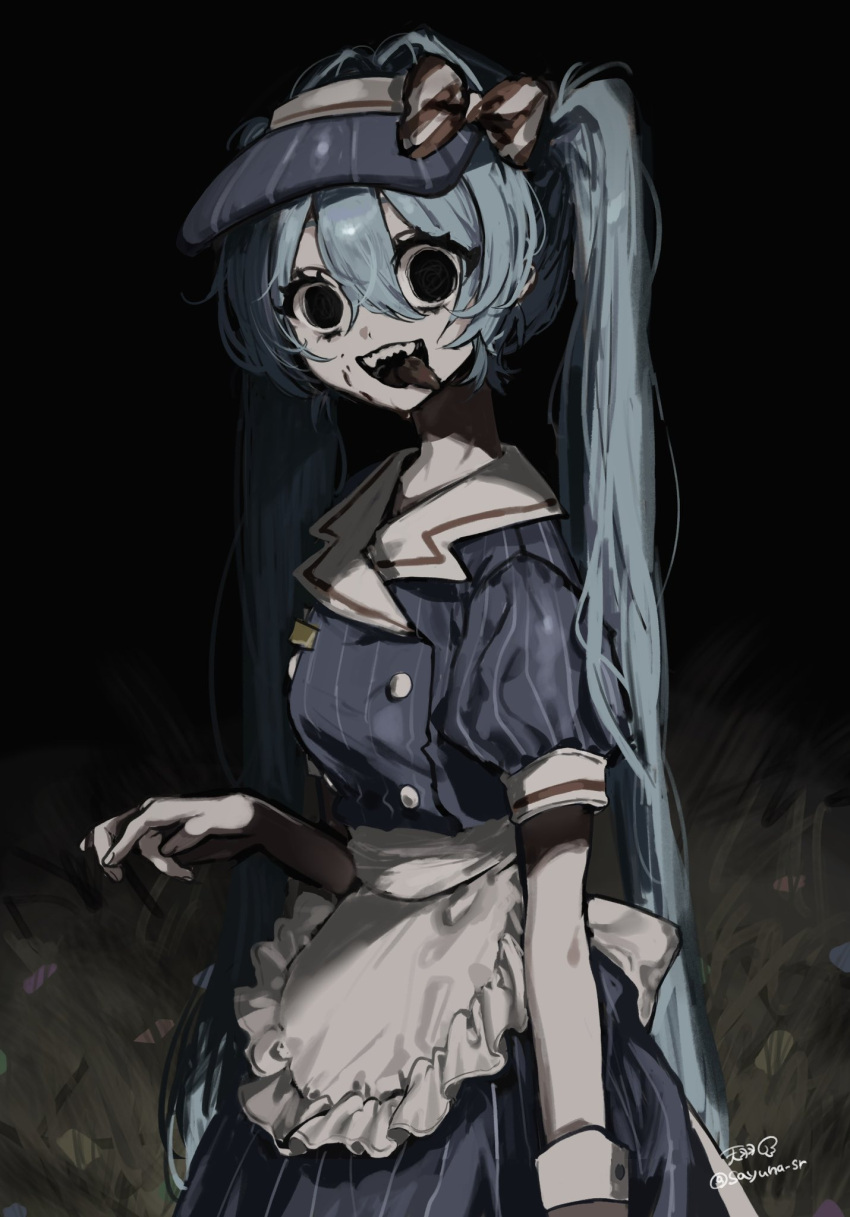 1girl apron aqua_hair black_background black_eyes blood blood_on_face blue_dress blue_hat bow buttons confetti dark dress empty_eyes grass hair_between_eyes hand_up hat hatsune_miku highres horror_(theme) long_hair looking_at_viewer mesmerizer_(vocaloid) open_mouth pale_skin pinstripe_dress pinstripe_hat pinstripe_pattern puffy_short_sleeves puffy_sleeves sayuna_sr sharp_teeth short_sleeves sidelocks signature smile solo squiggle_eyes striped_bow striped_clothes striped_dress teeth tongue tongue_out twintails twitter_username vertical-striped_bow vertical-striped_clothes vertical-striped_dress visor_cap vocaloid white_apron