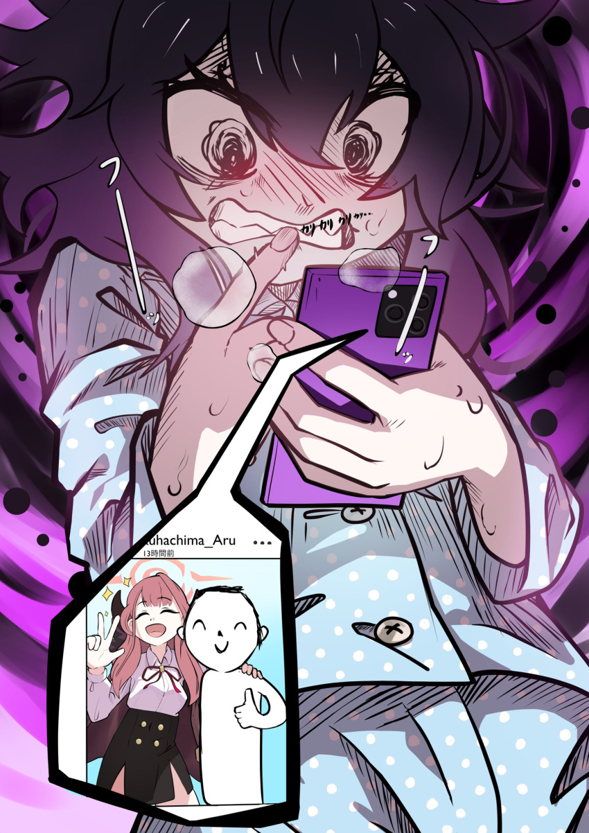 1boy 2girls :d @_@ angry biting blue_archive breath cellphone clenched_teeth demon_horns doodle_sensei_(blue_archive) eyelashes furious hair_between_eyes halo haruka_(blue_archive) heavy_breathing highres horns long_hair messy_hair multiple_girls nail_biting pajamas phone purple_background purple_hair raguredo red_hair sensei_(blue_archive) short_hair smartphone smile social_network teeth