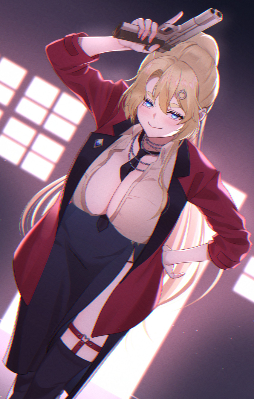 1girl absurdres bead_necklace beads between_breasts black_necktie black_skirt black_thighhighs blonde_hair blue_eyes breasts cleavage gun hand_on_own_hip heart_o-ring highres hime_hajime hime_hajime_(3rd_costume) holding holding_gun holding_weapon jacket jewelry large_breasts looking_at_viewer necklace necktie necktie_between_breasts o-ring o-ring_thigh_strap power_symbol_hair_ornament red_jacket shirt skirt smile solo thigh_strap thighhighs ursn_e virtual_youtuber vshojo weapon white_shirt