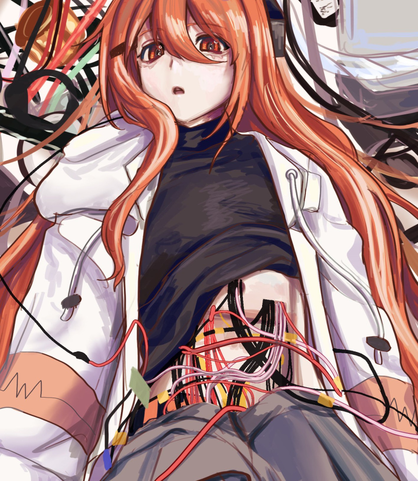 1girl a.i._voice adachi_rei alternate_hair_length alternate_hairstyle android black_shirt cable clothes_lift cropped drawstring grey_shorts hair_between_eyes highres jacket lens_eye long_hair long_sleeves looking_at_viewer lying mechanical_parts on_back open_clothes open_jacket orange_eyes orange_hair parted_lips photo-referenced shirt shirt_lift shorts solo toro_tama106 upper_body utau white_jacket