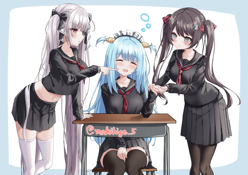 3girls absurdres artist_name azur_lane black_pantyhose black_ribbon black_sailor_collar black_skirt black_thighhighs blue_hair brown_hair chair desk formidable_(azur_lane) formidable_(the_lover's_heart_flutters_on_duty)_(azur_lane) frilled_hairband frills glasgow_(azur_lane) green_eyes grey_hair hair_ribbon hairband highres long_hair makihige midriff multiple_girls navel neckerchief neptune_(azur_lane) official_alternate_costume pantyhose pleated_skirt red_eyes red_neckerchief red_ribbon ribbon sailor_collar school_chair school_desk school_uniform shell_hair_ornament sitting skirt thighhighs twintails twitter_username two_side_up very_long_hair white_thighhighs