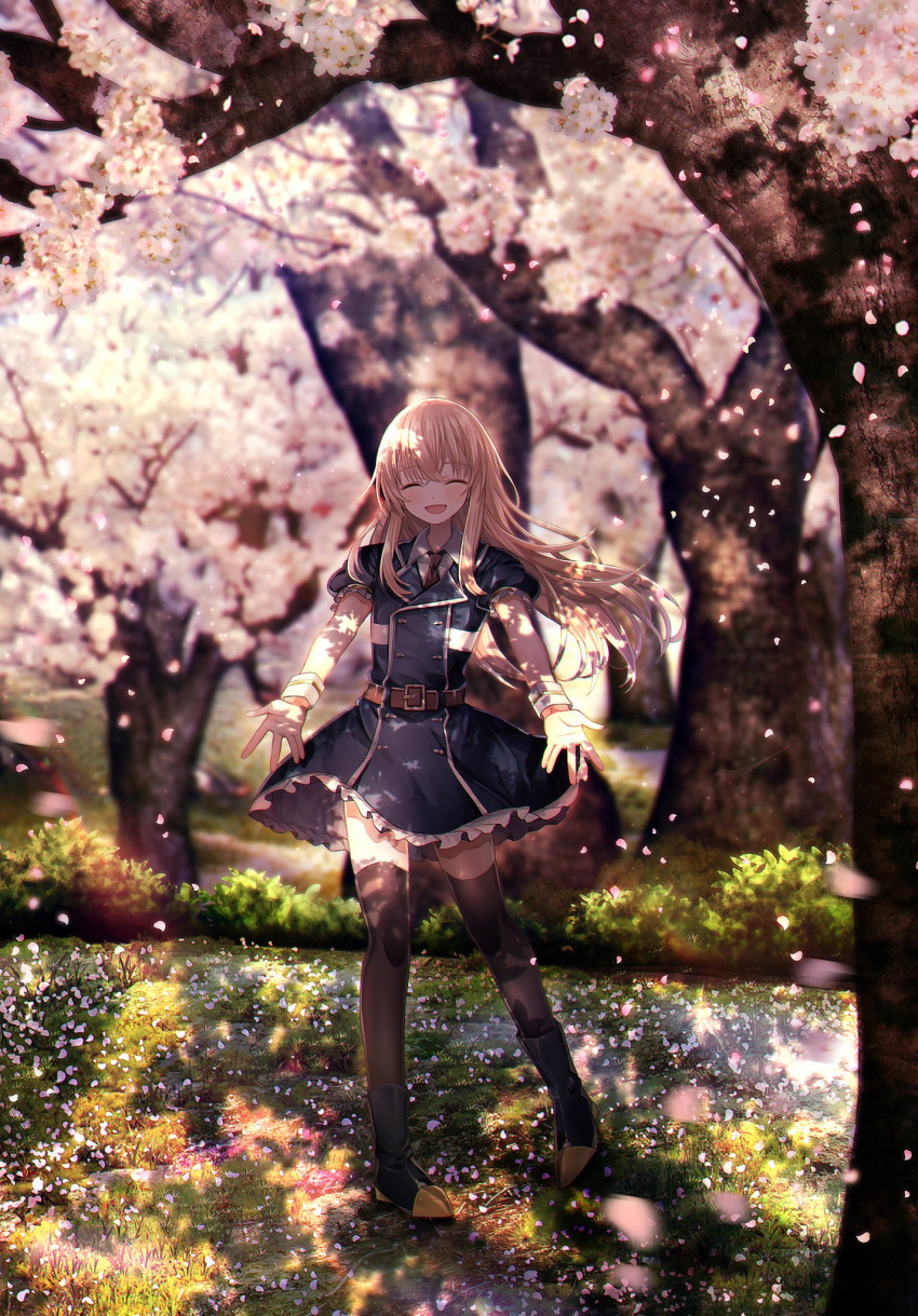 1boy ^_^ abandon_ranka black_thighhighs blonde_hair blurry boots cherry_blossoms closed_eyes commentary_request depth_of_field dress grass highres long_hair male_focus midare_toushirou open_mouth otoko_no_ko outdoors outstretched_arms petals smile thighhighs touken_ranbu tree
