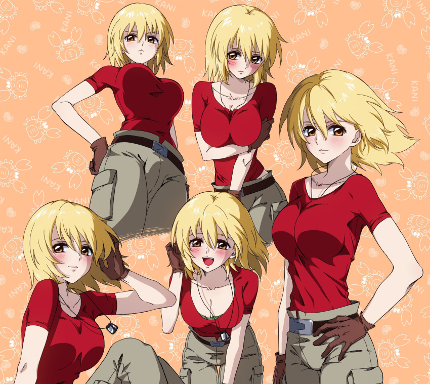 1girl blonde_hair blush breasts cagalli_yula_athha cargo_pants cleavage collarbone dog_tags gloves gundam gundam_seed gundam_seed_destiny gundam_seed_freedom highres jewelry large_breasts looking_at_viewer necklace pants red_shirt saeka shirt short_hair smile solo yellow_eyes