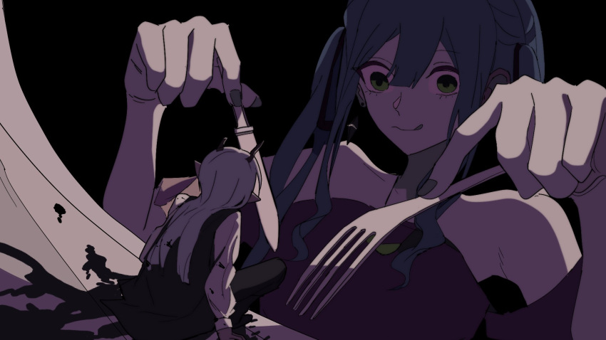 2girls bang_dream! bang_dream!_it's_mygo!!!!! bare_shoulders black_ribbon black_vest blue_hair broken_horn closed_mouth dress earrings fork green_eyes hair_ribbon highres holding holding_fork holding_knife horns jewelry knife licking_lips long_hair long_sleeves multiple_girls off-shoulder_dress off_shoulder pointy_ears ribbon shirt sigangsan size_difference togawa_sakiko tongue tongue_out two_side_up vest wakaba_mutsumi white_shirt