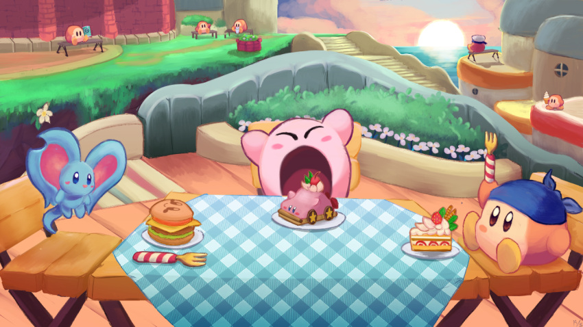 animal_ears bandana bandana_waddle_dee bench blue_bandana blush_stickers burger bush cake cake_slice car-mouth_cake elfilin flower food fork hat holding holding_fork kirby kirby_(series) kirby_and_the_forgotten_land kirby_burger lizzle_(_dufz5278) mouse_ears no_humans notched_ear open_mouth outdoors plate sailor_hat sailor_waddle_dee solid_oval_eyes waddle_dee