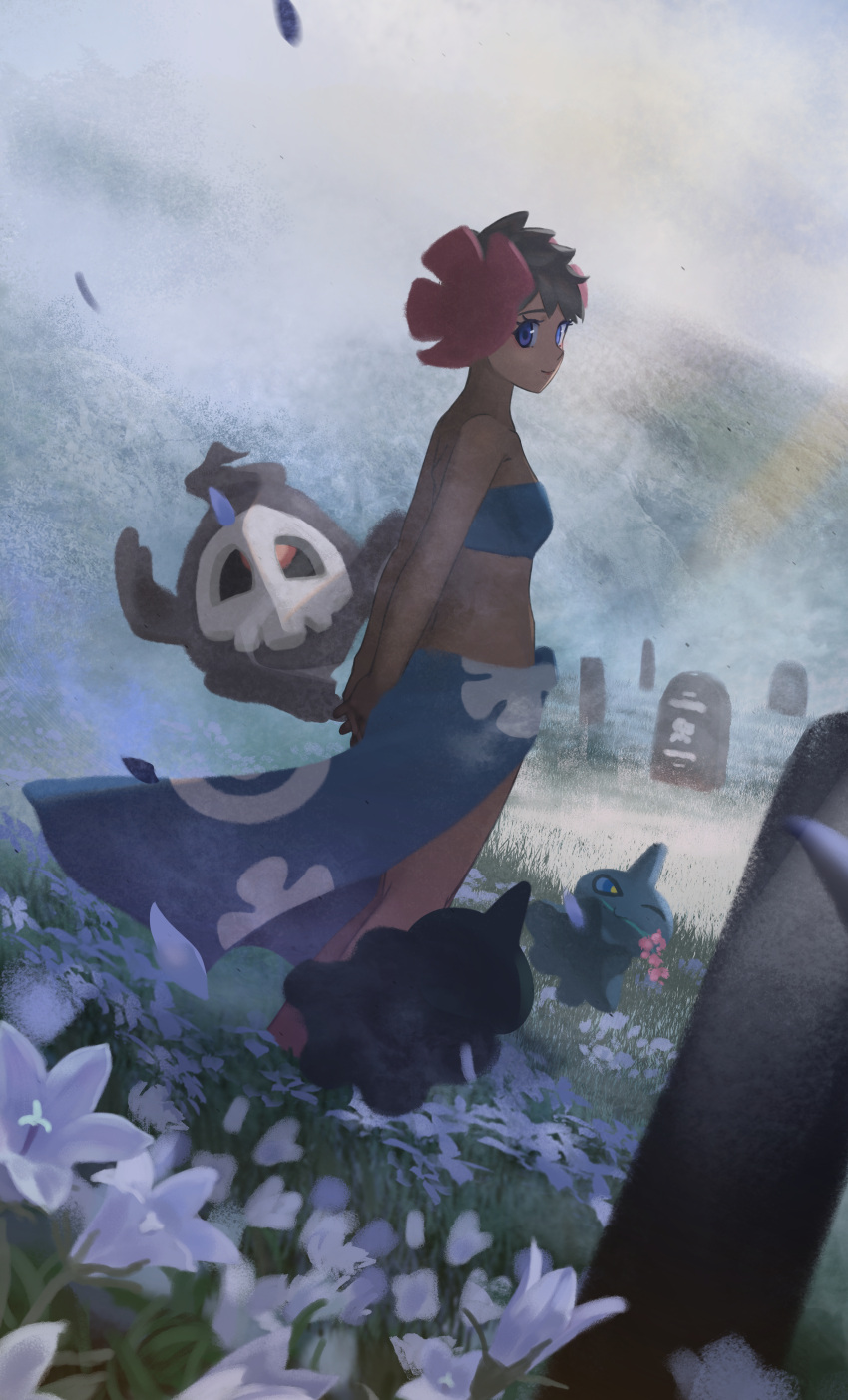 1girl absurdres arms_behind_back blue_eyes blue_sarong closed_mouth commentary_request dark-skinned_female dark_skin duskull eyelashes floral_print flower fog from_side grass hair_ornament highres k-tenji outdoors phoebe_(pokemon) pink_flower pokemon pokemon_(creature) sarong short_hair shuppet smile standing tombstone white_flower