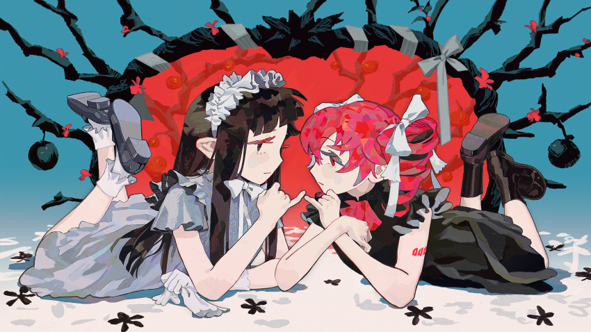 2girls black_dress black_footwear black_hair black_socks closed_mouth commentary_request dress drill_hair grey_dress hair_ribbon highres kasane_teto long_hair lying mai_(synthesizer_v) maid_headdress multiple_girls neck_ribbon on_stomach pink_hair pink_ribbon red_eyes ribbon short_sleeves socks synthesizer_v twin_drills utau white_ribbon white_socks yasutatsu_(amazu)