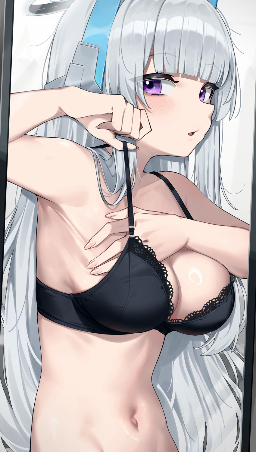 absurdres adjusting_bra adjusting_clothes arm_up armpits black_bra blue_archive blush bra breasts grey_hair halo headgear highres lace-trimmed_bra lace_trim medium_breasts mirror navel noa_(blue_archive) purple_eyes reflection sideways_glance stomach underwear upper_body wakamepiza