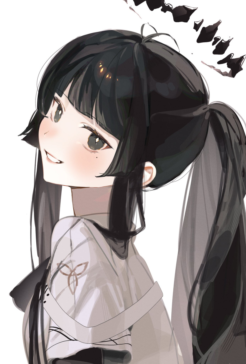 1girl 44ou alternate_hairstyle antenna_hair arknights black_eyes black_hair black_halo blunt_bangs blush bright_pupils broken_halo commentary_request dark_halo from_side grin hair_flowing_over halo hatching_(texture) head_back highres jacket layered_sleeves linear_hatching lips long_hair looking_at_viewer looking_to_the_side mole mole_under_eye parted_lips ponytail shadow short-sleeved_jacket short_sleeves sidelocks sideways_glance simple_background smile solo standing strap teeth turning_head upper_body virtuosa_(arknights) white_background white_jacket white_pupils wide_sleeves