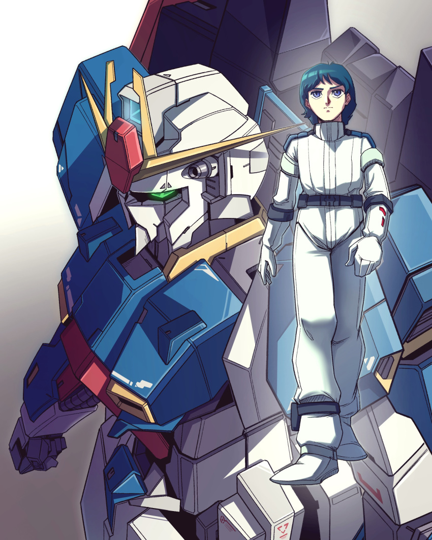 1boy absurdres blue_eyes blue_hair english_commentary full_body gradient_background green_eyes gundam highres j_s123 kamille_bidan mecha mobile_suit normal_suit pilot_suit robot science_fiction short_hair upper_body v-fin zeta_gundam zeta_gundam_(mobile_suit)