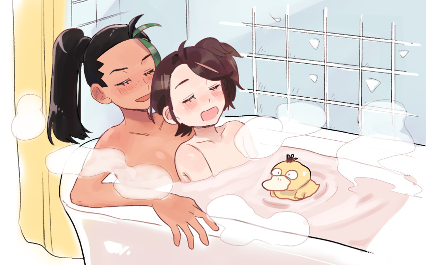 2girls :d bathing bathtub black_hair blush brown_hair closed_eyes collarbone commentary_request curtains eyelashes freckles green_hair indoors juliana_(pokemon) multicolored_hair multiple_girls nemona_(pokemon) nude open_mouth penguinbu pokemon pokemon_sv ponytail rubber_duck smile steam tile_wall tiles two-tone_hair water yuri