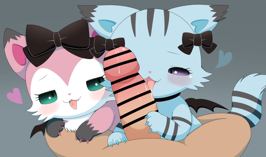 absurd_res anthro azuo beatcats blue_body blue_fur chelsea_(beatcats) claws disembodied_penis domestic_cat duo felid feline felis female fur genitals green_eyes hi_res licking male male/female mammal mia_(beatcats) penis pink_body pink_fur ribbons sanrio tongue