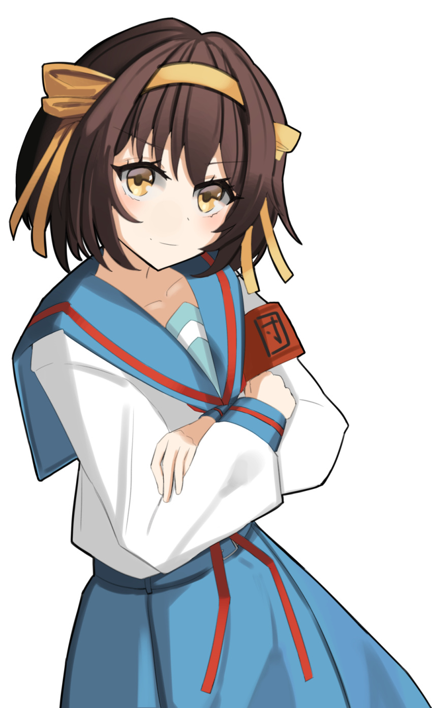 1girl armband blue_sailor_collar blue_skirt brown_eyes brown_hair closed_mouth hair_ribbon hairband highres kita_high_school_uniform long_sleeves looking_at_viewer medium_hair mya_(rucf2753) red_armband red_ribbon ribbon sailor_collar school_uniform serafuku simple_background skirt solo standing suzumiya_haruhi suzumiya_haruhi_no_yuuutsu white_background winter_uniform yellow_hairband yellow_ribbon