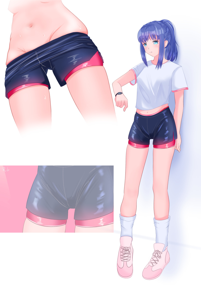 1girl absurdres bike_shorts black_shorts blue_eyes blue_hair breasts closed_mouth clothes_pull full_body groin gym_uniform highres long_hair looking_at_viewer magia_record:_mahou_shoujo_madoka_magica_gaiden mahou_shoujo_madoka_magica midriff multiple_views navel pink_footwear ponytail radio.broom shirt shoes short_shorts short_sleeves shorts shorts_pull sidelocks sneakers socks standing stomach sweat thighs watch white_background white_shirt wristwatch