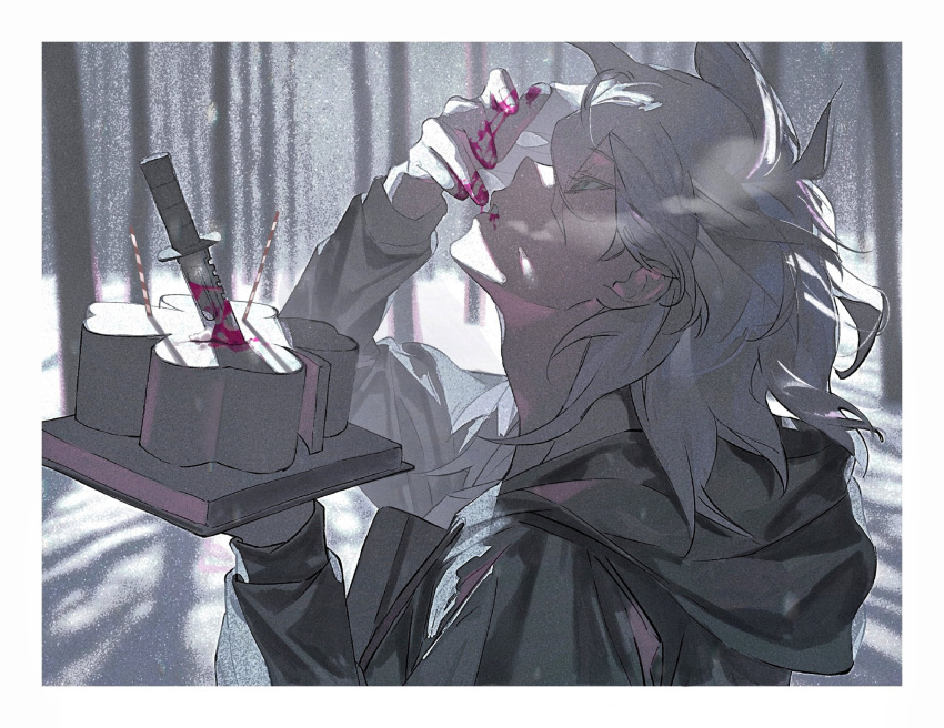 1boy blood blood_on_face blood_on_hands blood_on_knife blood_on_mouth breath cake candle coat danganronpa_(series) dappled_sunlight fingernails food forest green_eyes hair_between_eyes highres holding holding_cake holding_food kiyoshi_st knife komaeda_nagito looking_at_hand male_focus medium_hair nature open_mouth parted_lips shadow snow snowing solo steam_from_mouth sunlight tree white_hair winter winter_clothes winter_coat