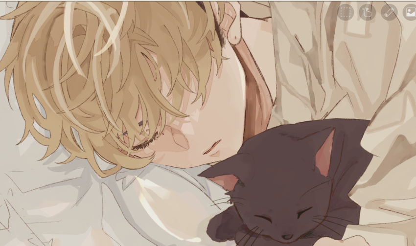 1boy black_cat black_fur blonde_hair cat closed_eyes cuddling hair_between_eyes hair_over_eyes highres long_sleeves male_focus matsuno_chifuyu nitijoy2 pillow shirt short_hair sleeping tokyo_revengers upper_body wavy_hair white_shirt